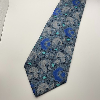 Leo Fabio 100% Silk Necktie Blue Gray Abstract Geometric Pattern Made in Italy