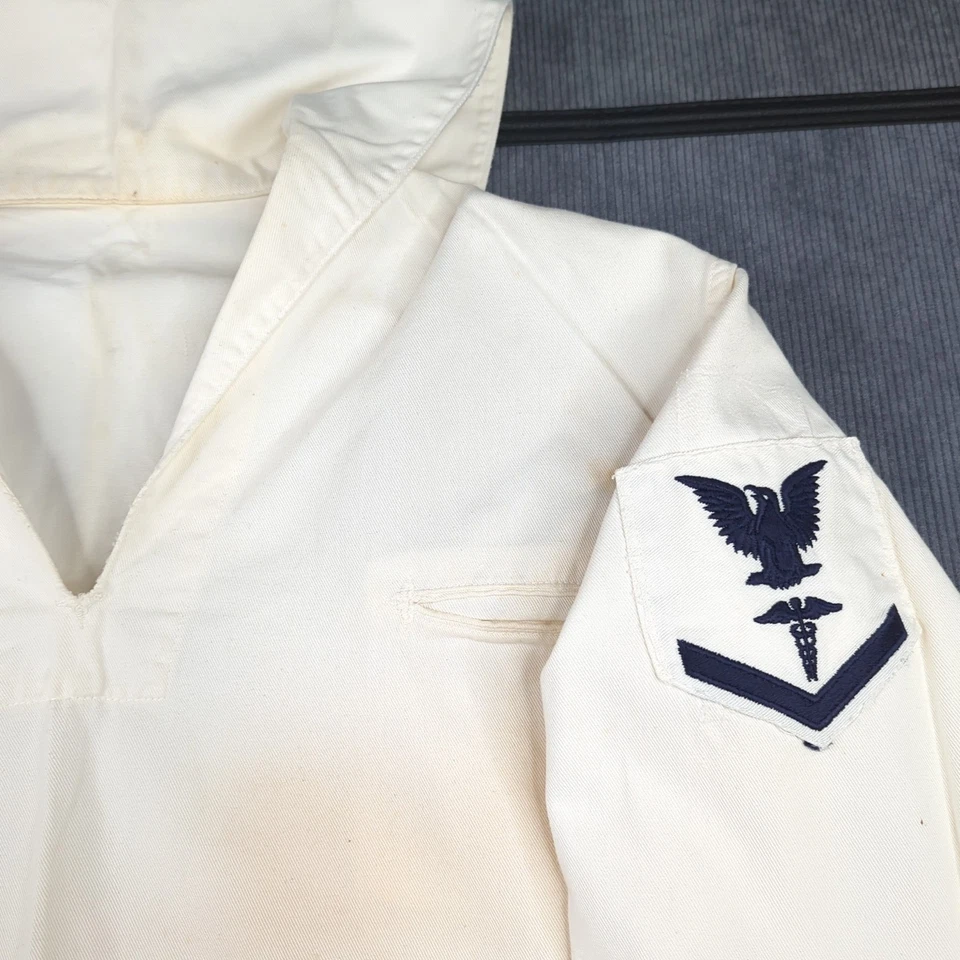 Camisa Uniforme Vintage Azul Marino Para Hombres 46 Blanca EE. UU. Crackerjack Middy Top Años 70 Foto 2 de 4