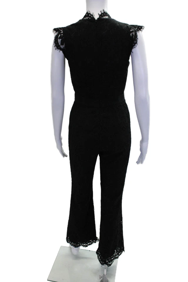 Rachel Zoe Womens Cotton Lace Texture Cap Sleeve Zipped Jumpsuit Black Size 0 - Image 4 of 4