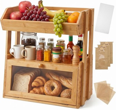 YanKiTour Bamboo Bread Box for Kitchen Countertop, 2 Tier Large Storage w/ Fruit