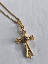 Gold Tone Cross Pendant Rhinestone Necklace Collectable