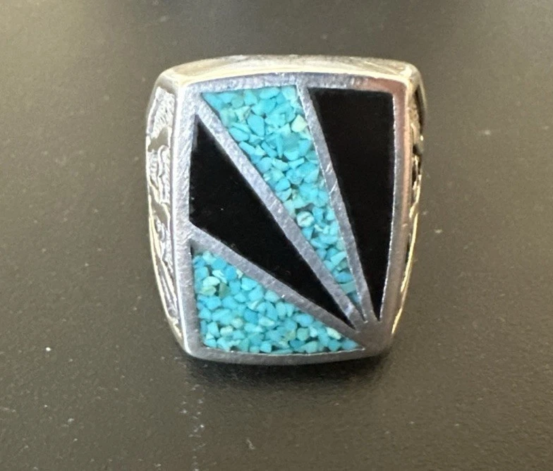 G&S Vintage Skater Biker Southwestern Silver Inlay Onyx, Turquoise Ring Size 10 - Image 3 of 4