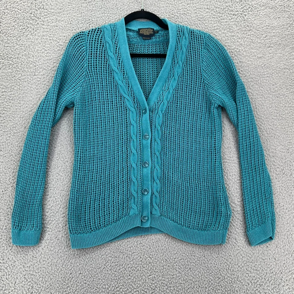 Cárdigan suéter para mujer PENDLETON grande pequeño tejido con cable abierto con botones azul Foto 2 de 4