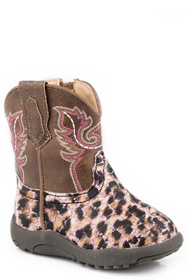 Roper Infants Girls Pink Faux Leather Glitter Leopard Cowbabies Cowboy  Boots