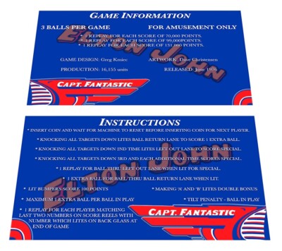 Bally Captain Fantastic Pinball Custom Apron Instruction Cards Hi Resolution