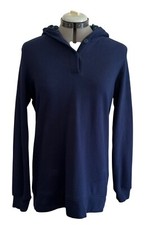 Lands End Womens Serious Sweats Navy Hoodie Pullover M 10-12 Plaid Lined Hood