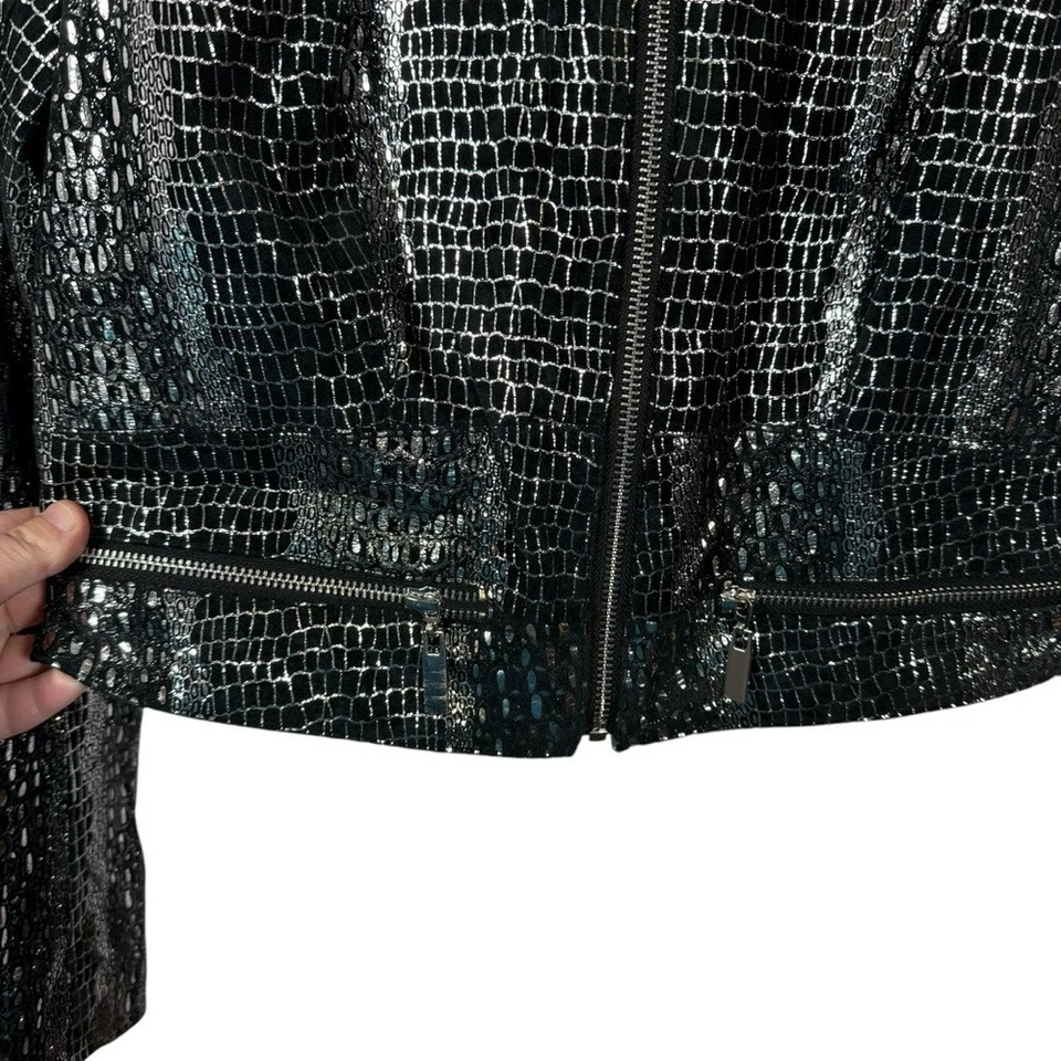 Chaqueta Moto Vintage Y2K Bebe Cuero Genuino Metálica Serpiente Recortada Negra/Plateada M Foto 2 de 4