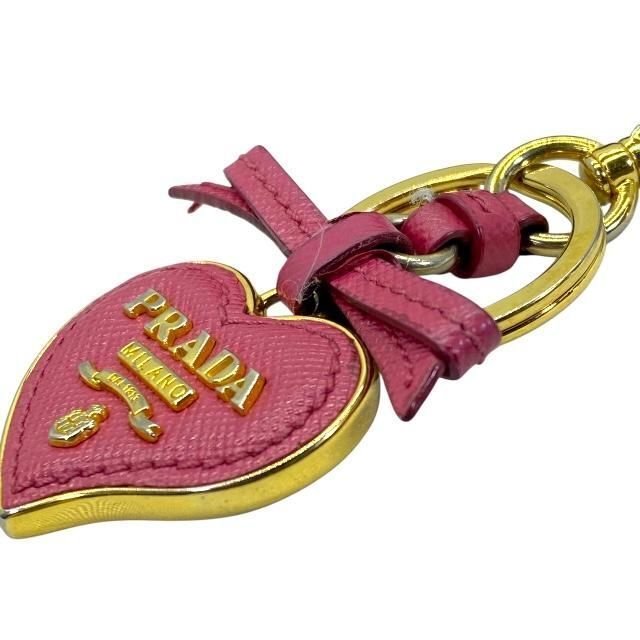 PRADA Heart Motif Key Ring Charm Logo Leather Pink Used With