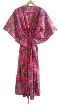 Indian Cotton Loose Short Sleeves Bird Print Pink Free Size Caftan Maxi dress