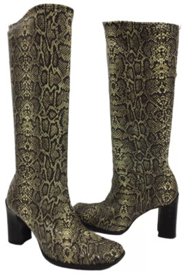Bocage Paris Tall Snake Boot Stretch Pull On Square Toe Heel Black EUR 37.5/7 US