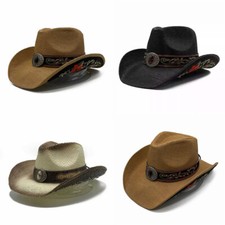 Men Women Embroidered Ethnic Style Straw Cowboy Cowgirl Wide Wild Western Hat
