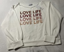 Gilli White Pullover Sweater Love Life Drop Shoulder Crew Neck Sz L Made In USA