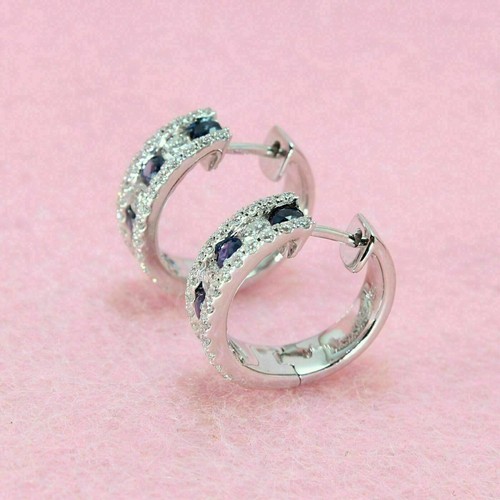 2Ct Lab Created Blue Sapphire Diamond Huggie Hoop Earrings 14K White Gold Plated - Picture 5 of 7
