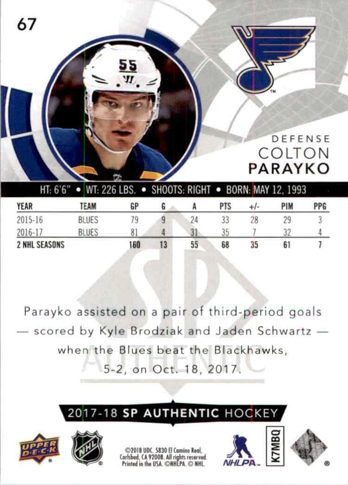 2017-18 upper deck SP Authentic Colton Parayko #67 - Image 2 of 2