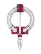 Art Deco Lab Ruby and CZ Jabot Pin 925 Fine Silver Magnificent Statement Jewelry