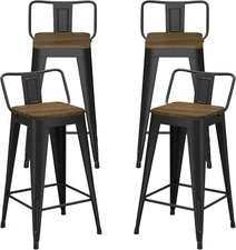 24 Inch Metal Bar Stools Set of 4, Metal Stools for Kitchen Counter with Wood Se