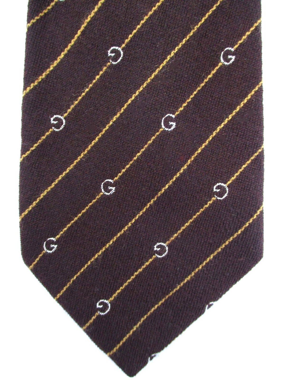 Vintage 70s Gucci Brown Wool and Silk Striped G Logo Tie Italy 57.5 x 3.75