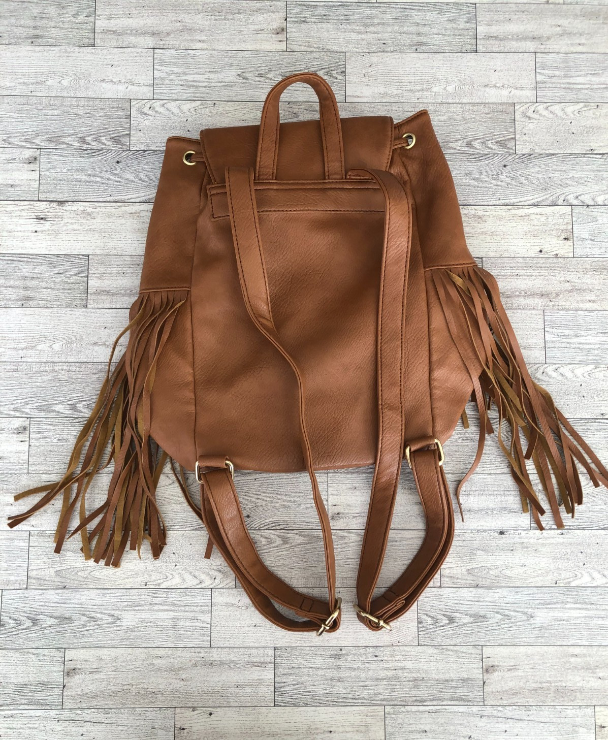 Faux Leather Brown Drawstring Backpack Handbag Fr… - image 4