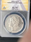 1891 CC Morgan Dollar AU 50 Details ANACS Silver $1 Coin REDUCED