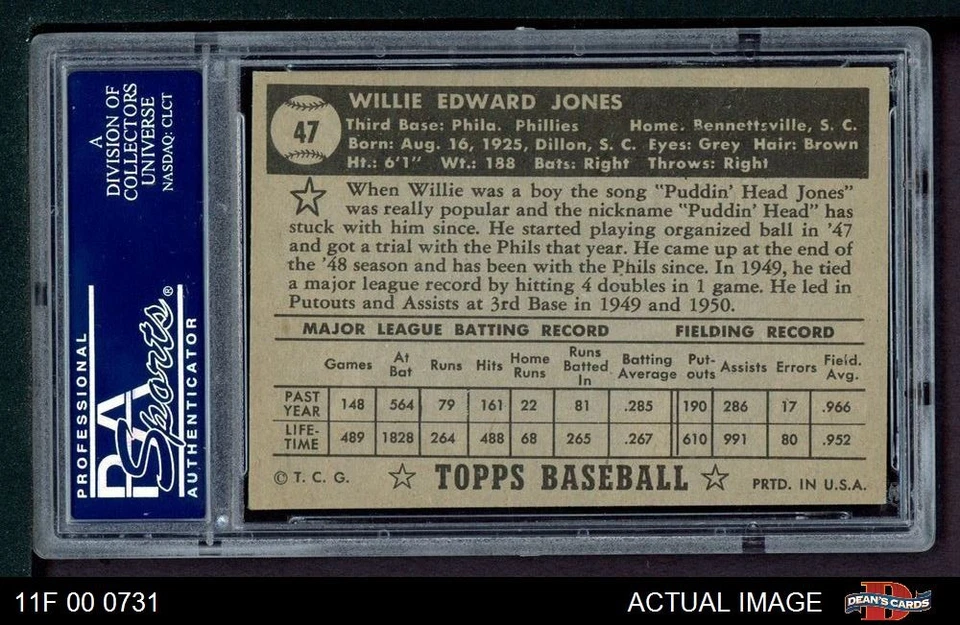 1952 Topps #47 Willie Jones Phillies PSA 6 - EX/MT - Image 2 of 2
