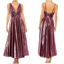 Mac Duggal NWT Pink Metallic Sleeveless Deep V Neck Pleated Top Dress Size L
