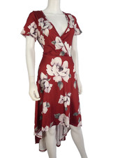 Floral Wrap Midi Dress Maternity Burgundy Tie Waist Asymmetric Hem Size L NEW