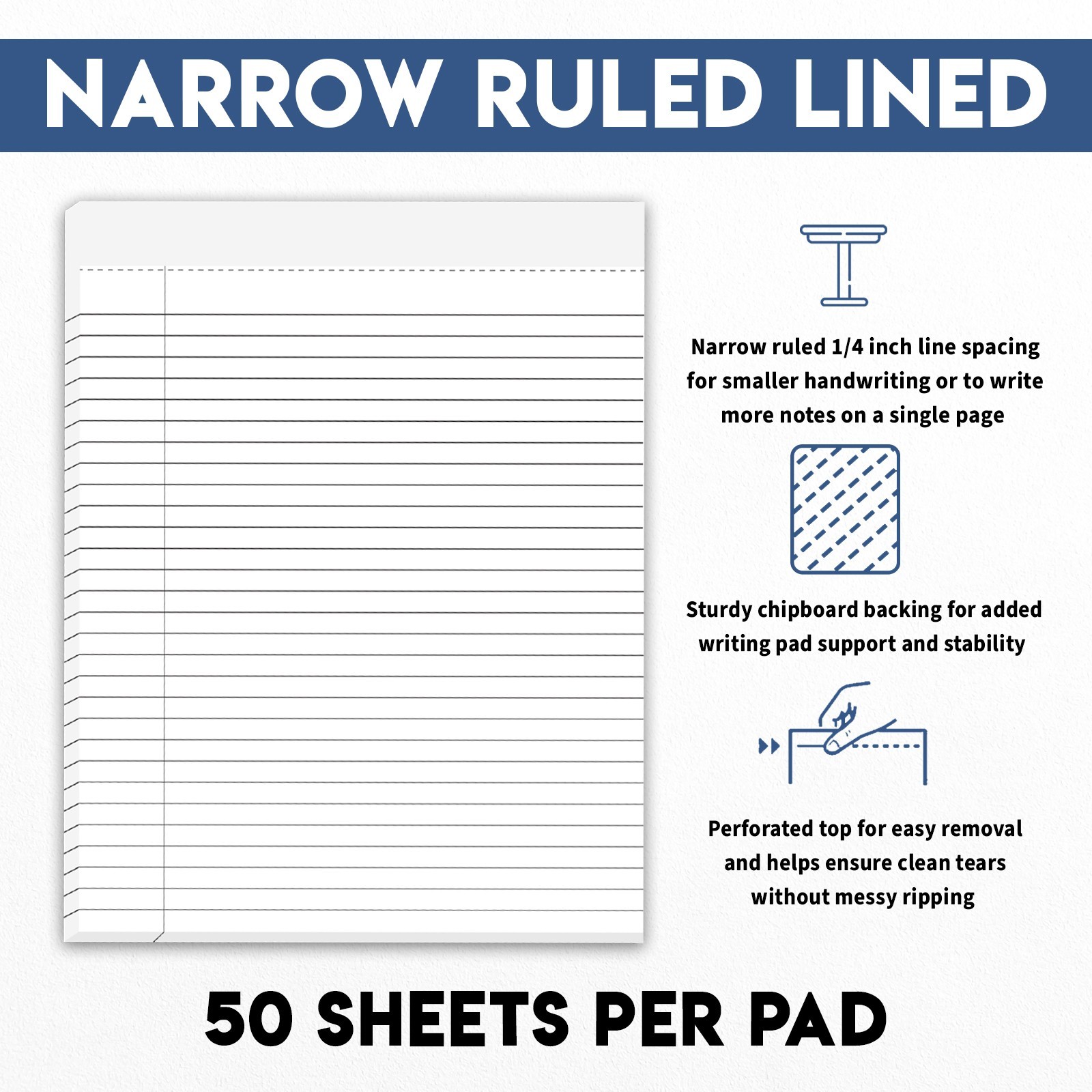 6 Pack Legal Notepad 8.5 x 11, Perforated Wide Ruled 50 Sheets Writing Pad USA