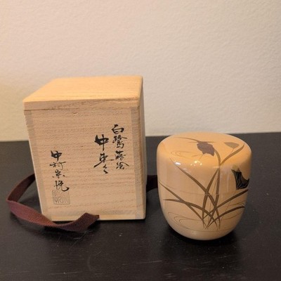 Japanese Lacquer Natsume Tea Caddy White Crane Makie w/Wood Box Signed