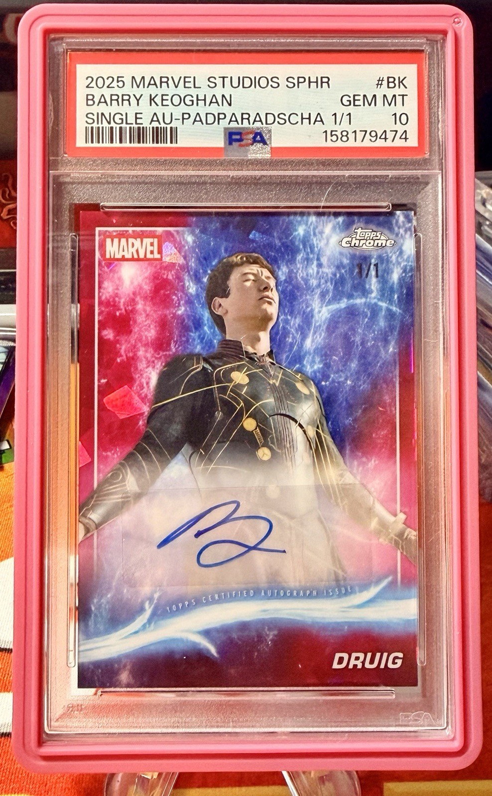 2025 Topps Marvel Chrome Druig Barry Keoghan Padparadscha Auto 1/1 PSA 10
