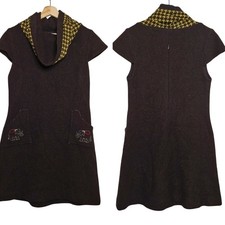 Dagg and Stacey Vintage Sheath Dress Brown Yellow Cowl Neck Sleeve 70s Style Med