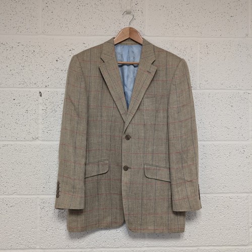 Santinelli Linen & Silk Blazer Jacket Herringbone Check Beige 40S - Afbeelding 1 van 9