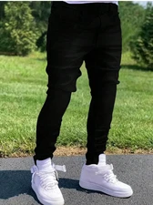 Vaqueros Pantalones Para Hombres  Largos con roturas Pantalón Negro de Mezclilla