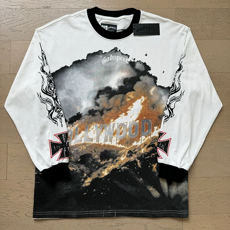 Godspeed long-sleeved heavy high street pure cotton printed round neck shirt - Image 3 of 4