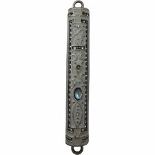 Vintage Enameled Mezuzah Case w Scroll Rhinestones Judaica Door Blessing