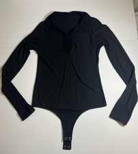 XS Ribbed Body Suit 1 Piece Snap Crotch Closure Black Long Sleeve Collared Soft