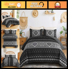 King Size Black Boho Quilt Set - 3 Piece Aztec Texture Bedspread, Soft Lightweig