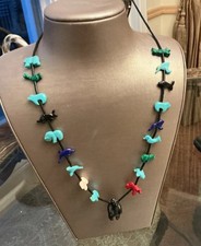 Vintage Zuni Carved Turquoise Bear Fetish Necklace 32 1970 s