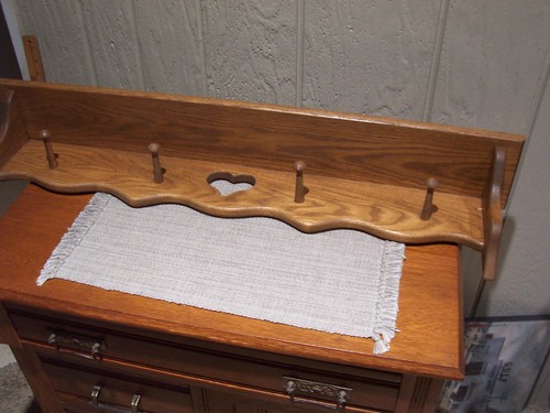 Vintage 36" Solid Oak Wood Wall Shelf With Heart Cutout And 4 Pegs Plate Rail