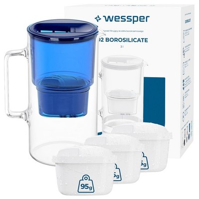 Wasserfilter Kanne Glas 3L blau Wessper D2 Borosilikat 4 Kartuschen BPA frei