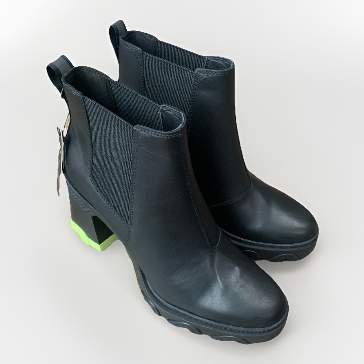 Sorel Women’s Brex Heel Chelsea WP Boots Black/Tippet Green Platform Size 10 NEW