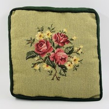 Vtg Handmade Needlepoint Rose Floral Bouquet Accent Throw Pillow Cottagecore