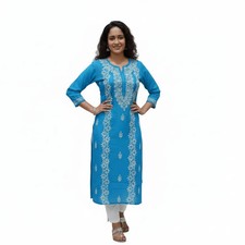 Hand Embroidered Straight Cotton Kurti/Kurta for Women Chikankari Cotton Kurti