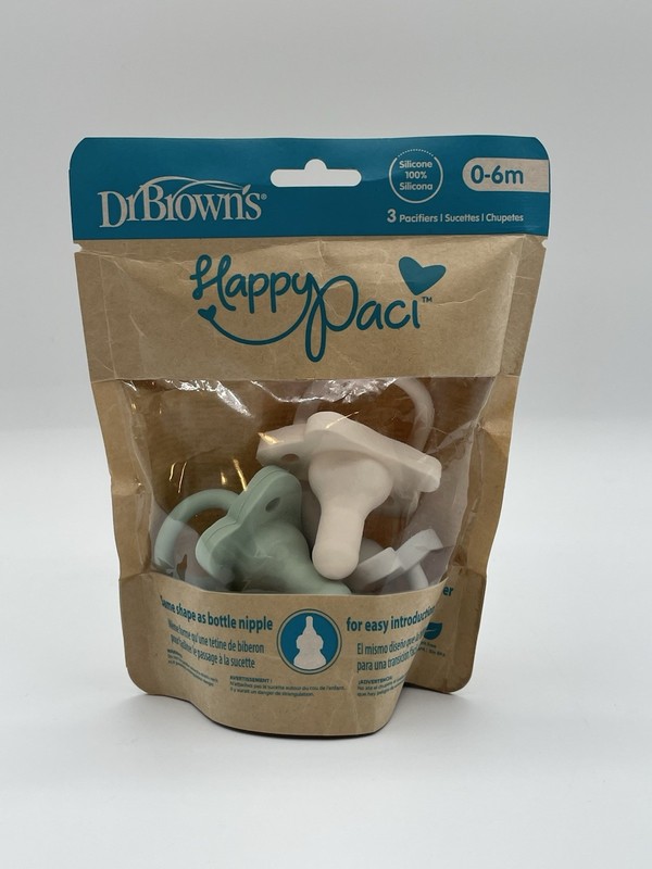 Dr Brown's Happy Paci 0-6m Pack of 3 Silicone Pacifiers Baby White Gray Green