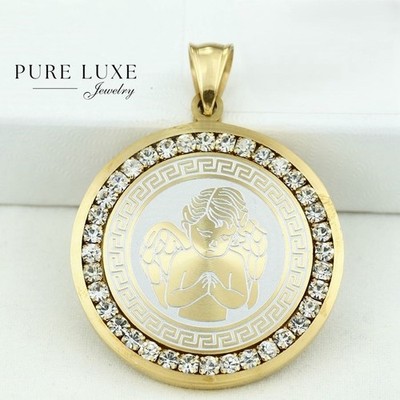 Stainless Steel,PRAYER ANGEL 35mm,Cubic Zirconia Charm Gold plated Unisex Box