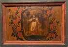 ANTIQUE FOLK ART PRIM OIL ON BOARD PORTRAIT WOMAN FARMER FLORAL GARLAND FRAMED — photo 1