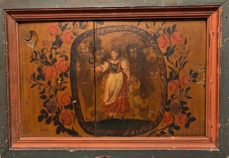 ANTIQUE FOLK ART PRIM OIL ON BOARD PORTRAIT WOMAN FARMER FLORAL GARLAND FRAMED