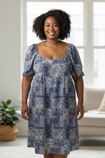 NSR Square Neck Puff Sleeve Midi Dress Blue & Lavender Paisley Print Polyester W