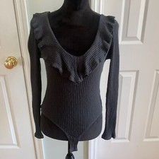 NWOT Altar d State Ruffle Neckline Long Sleeve Rib Knit Bodysuit- Size M