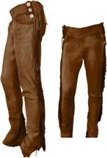 Men Brown Western American Cowboy Suede Leather Pant Leg Side Buttons Fringes