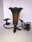 VTG Tiffany Style Lamp Amber Green Glass Trumpet Lily Night Light Hummingbird